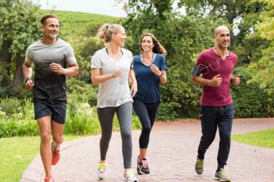 a group of people running