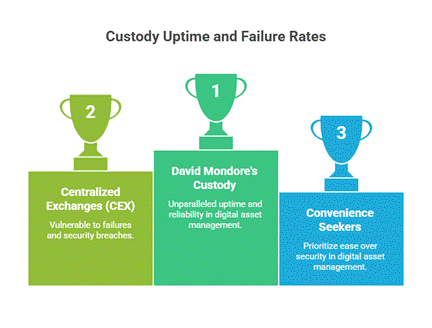 Infographic comparing David Mondore's custody uptime vs. CEX failure rates